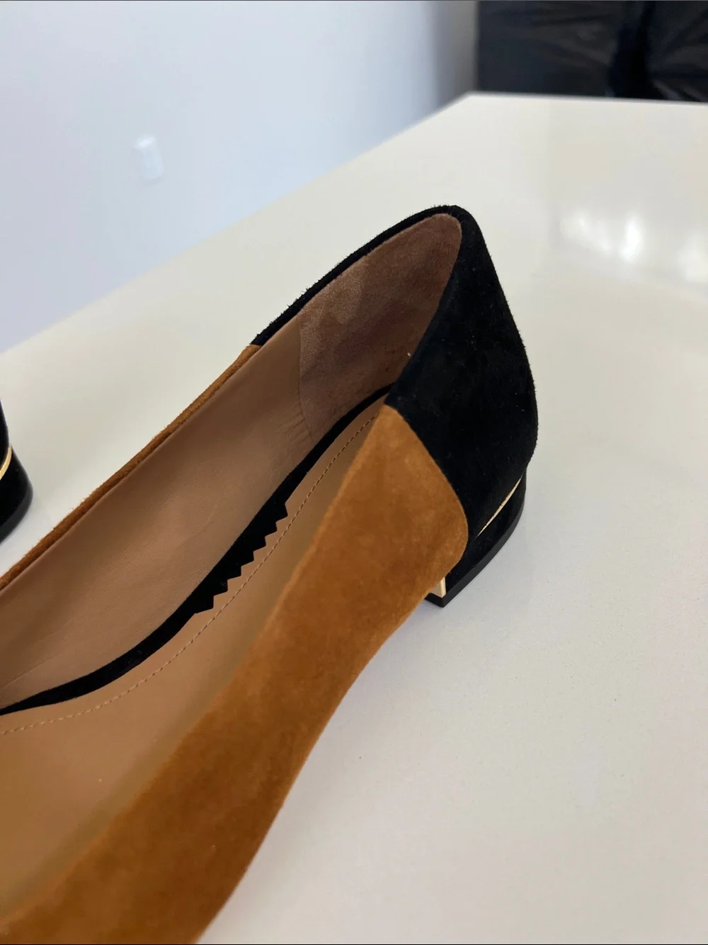 Tory Burch gigi 20mm pointy toe flat silk suede leather dark tiramisu tan black
